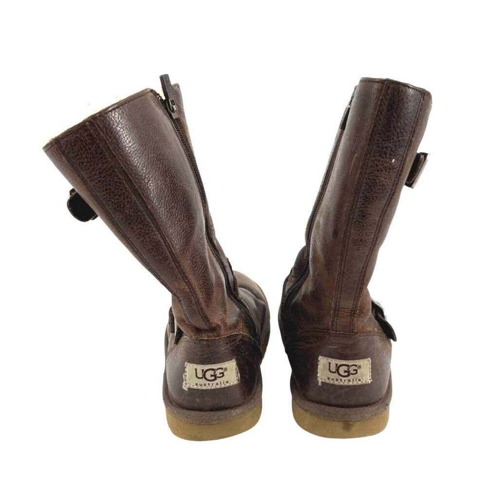 UGG Australia Kids 2 Kensington Brown Leather Mid-Calf Boots Shearling Lined - Picture 2 of 10